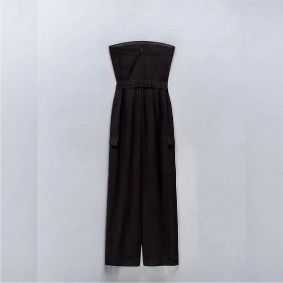 Zara belted black cargo pocket side strapless jumpsuit - Picture 3 of 8